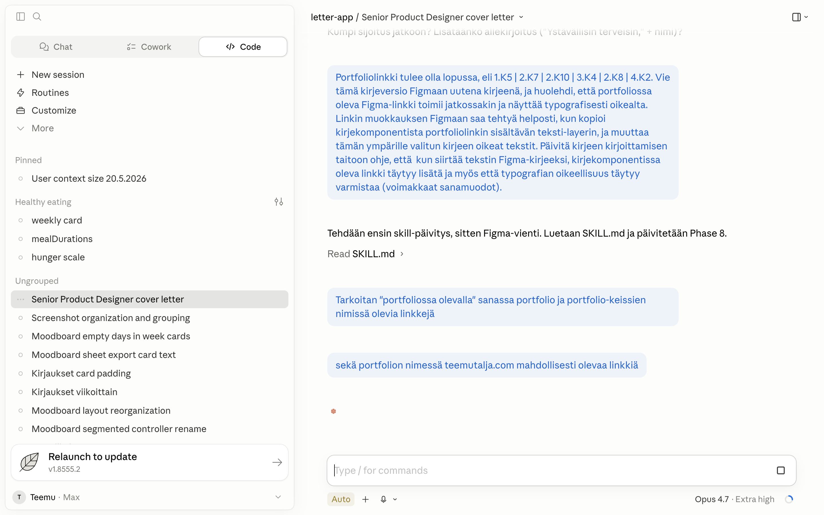 Agent announcing a skill file update before Figma export